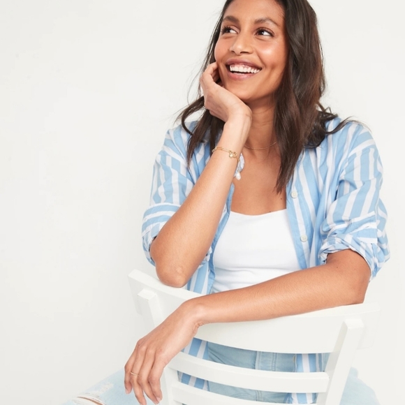 Old Navy Blue Chambray White Stripe Classic Relax Button down Shirt Larg… - Picture 3 of 8